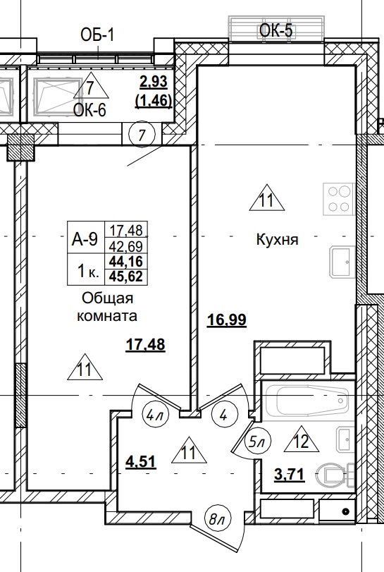 1 комн., 44.16 м²
