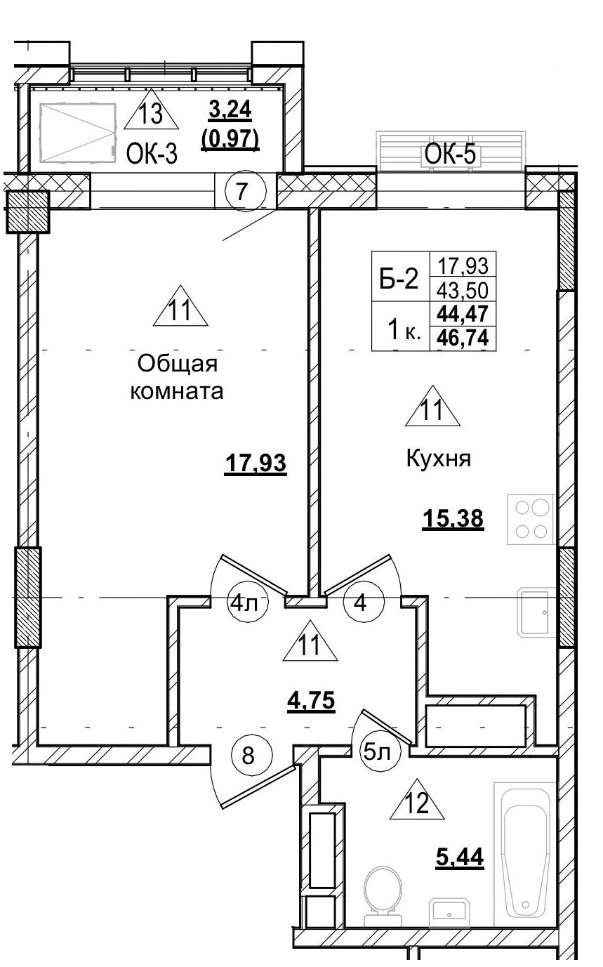 1 комн., 44.48 м²