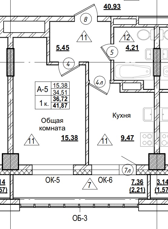 1 комн., 36.72 м²