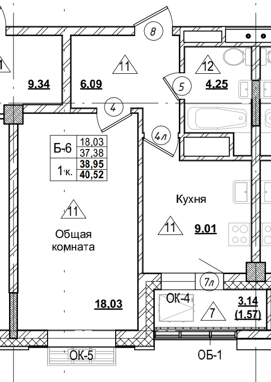 1 комн., 38.95 м²