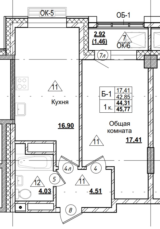 1 комн., 44.31 м²