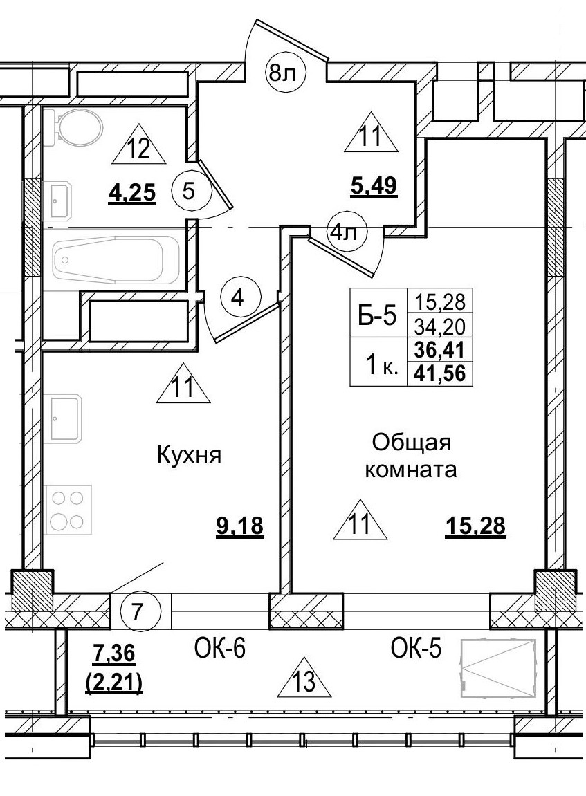 1 комн., 36.34 м²