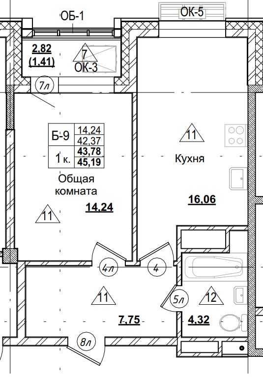 1 комн., 43.78 м²