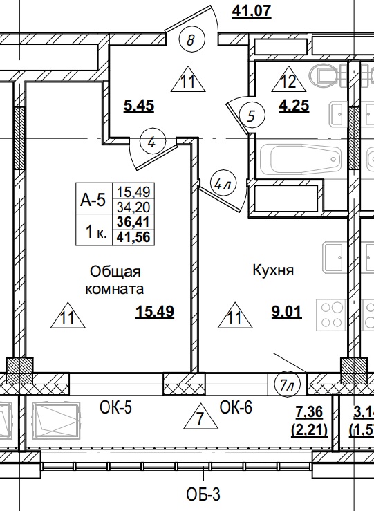 1 комн., 36.41 м²