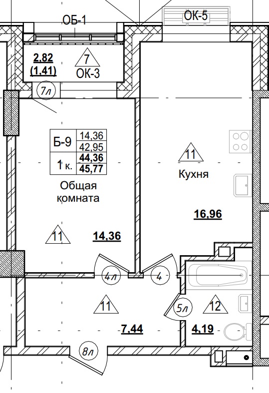 1 комн., 44.36 м²