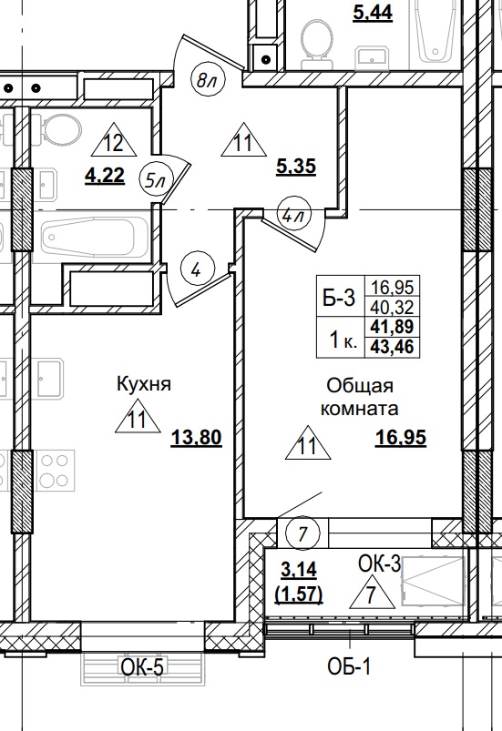 1 комн., 41.89 м²