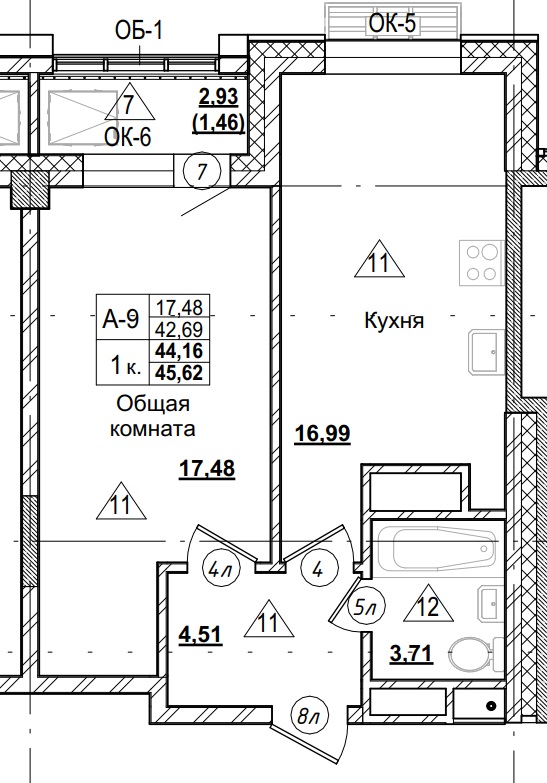 1 комн., 44.16 м²