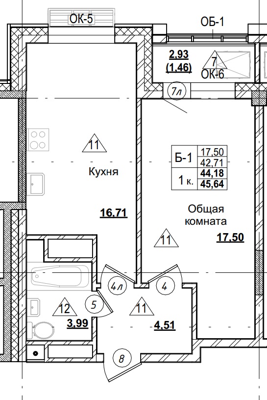 1 комн., 44.18 м²