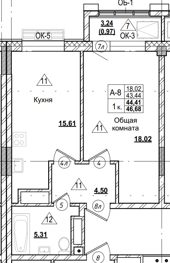 1 комн., 44.41 м²