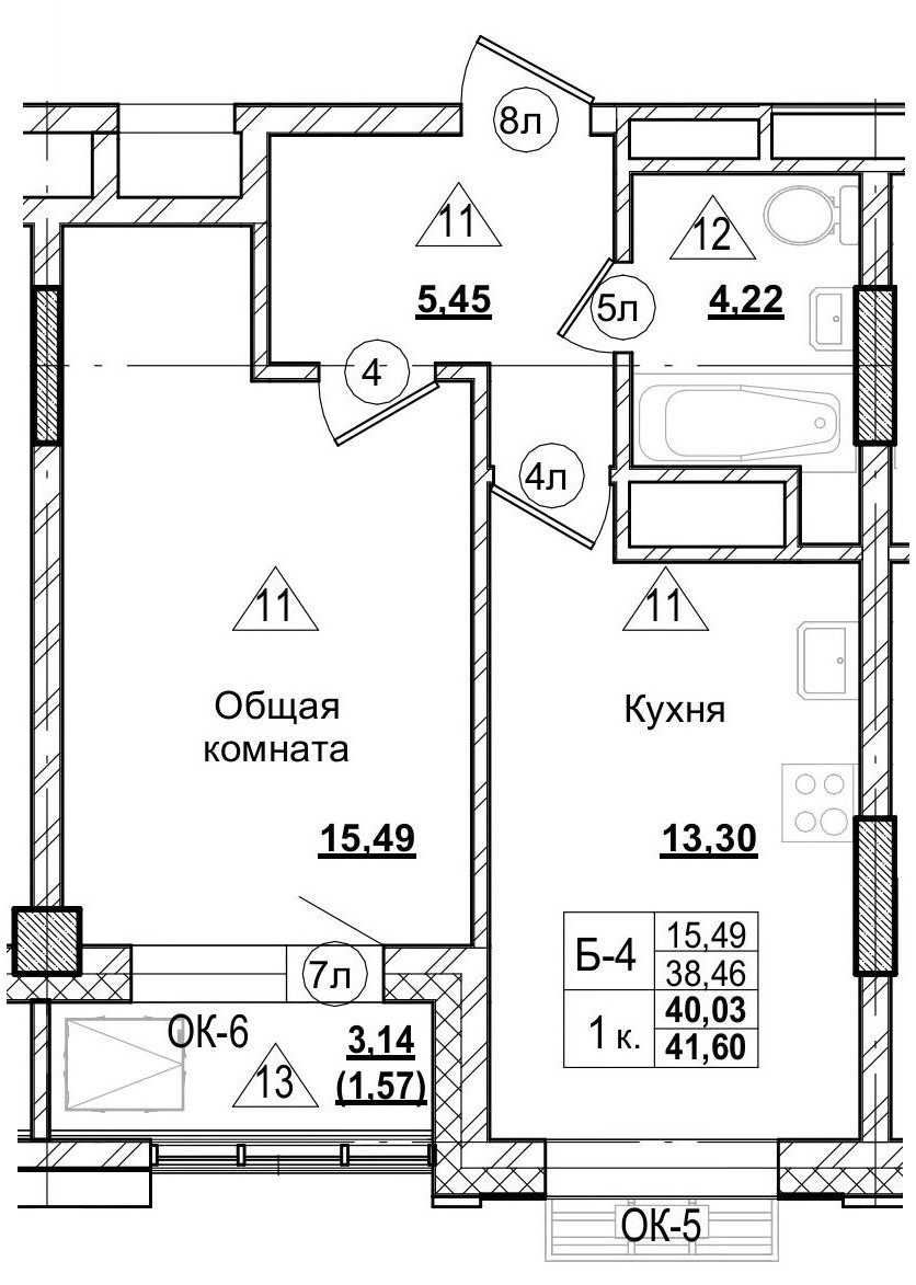 1 комн., 40.00 м²