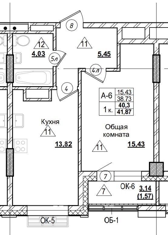 1 комн., 40.30 м²