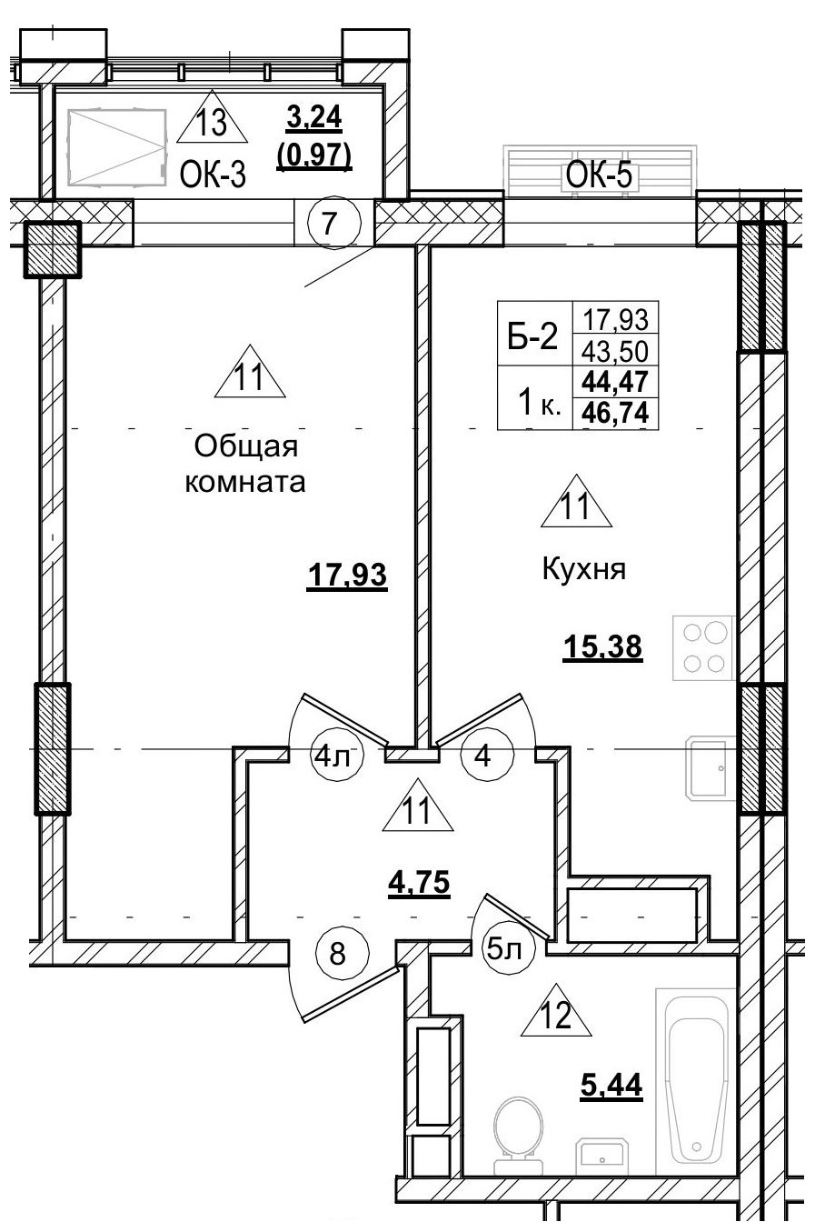 1 комн., 44.48 м²