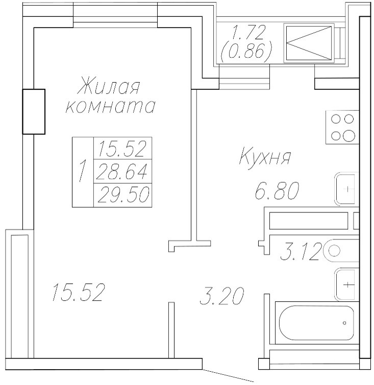 1 комн., 29.5 м²