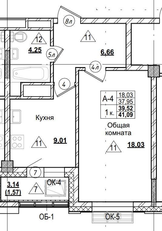 1 комн., 39.52 м²