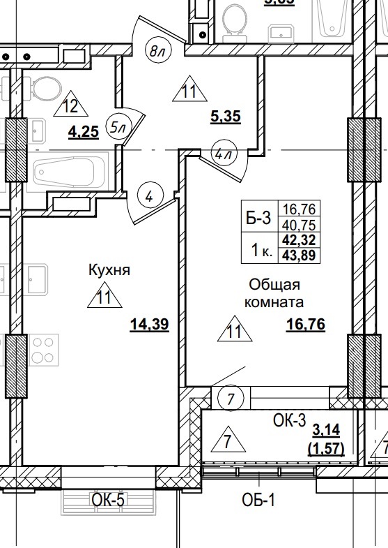 1 комн., 42.32 м²