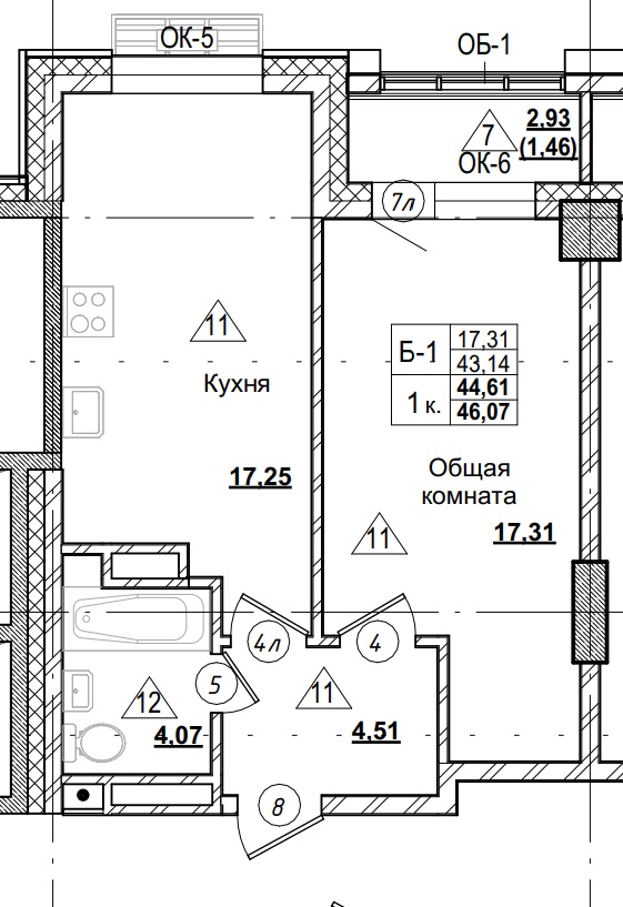 1 комн., 44.61 м²