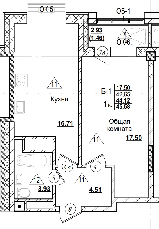 1 комн., 44.12 м²