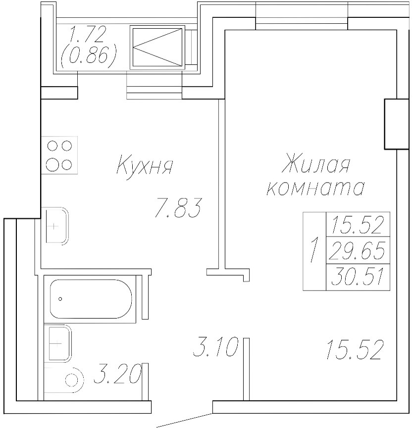 1 комн., 30.5 м²