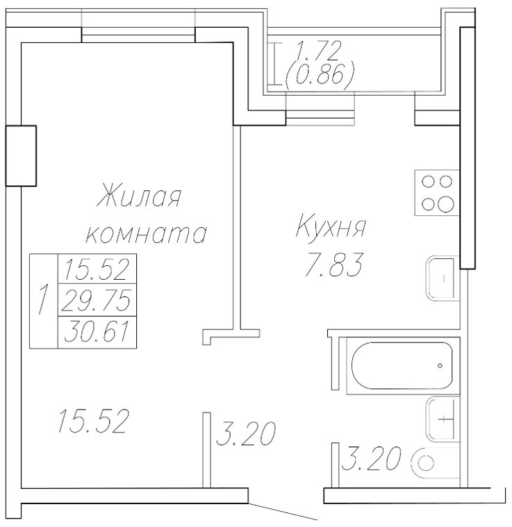 1 комн., 30.6 м²