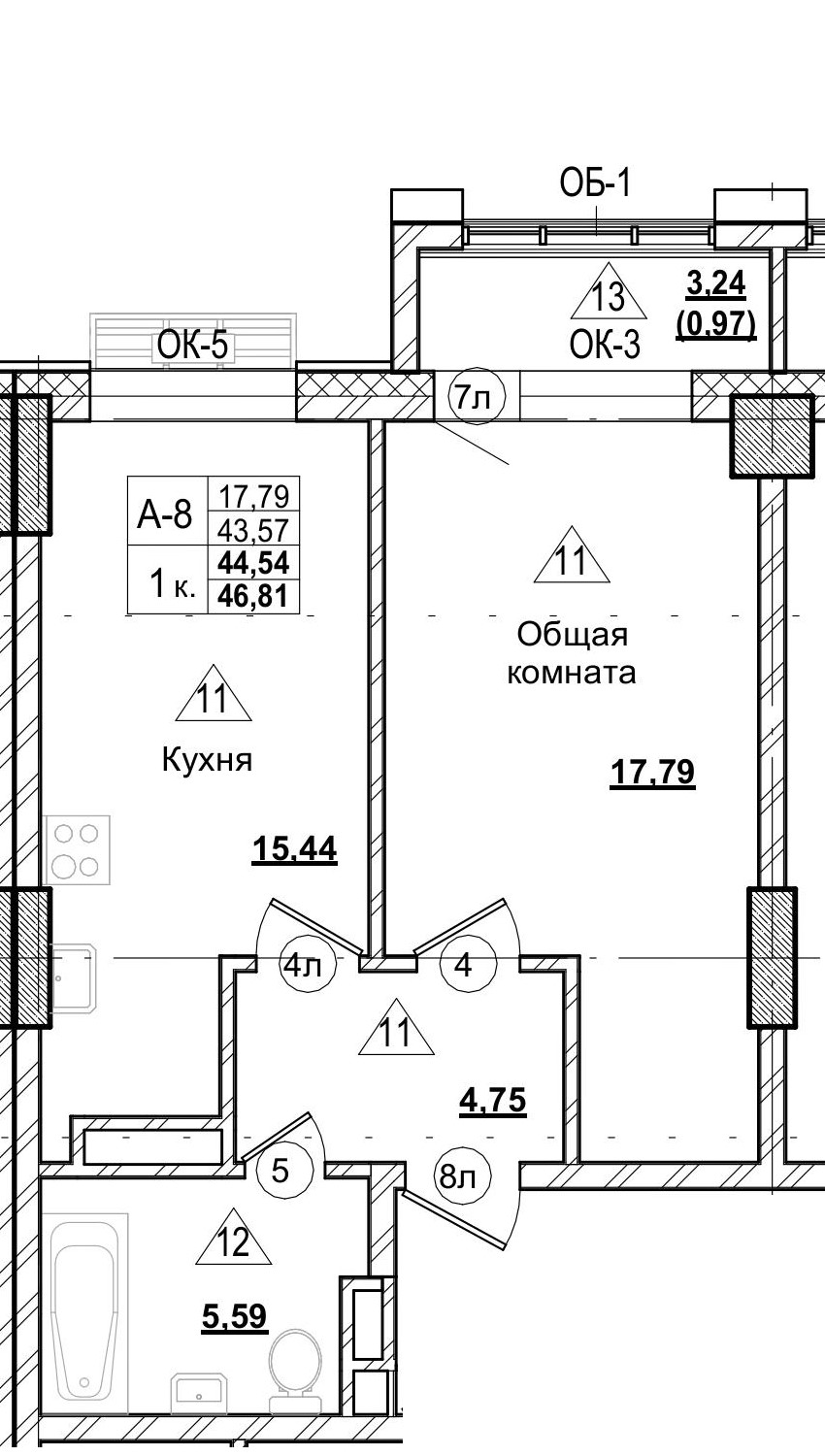1 комн., 44.56 м²