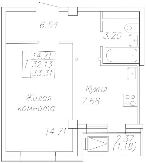 1 комн., 33.3 м²