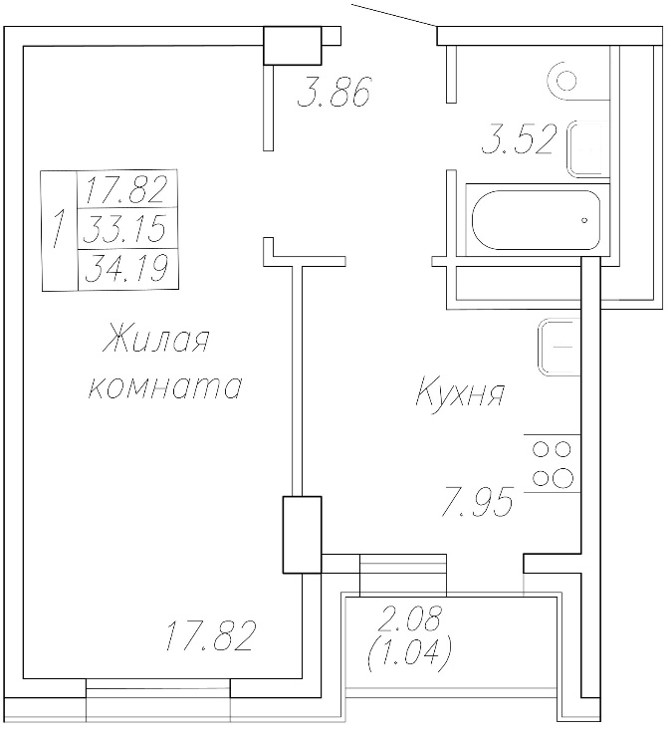1 комн., 34.2 м²