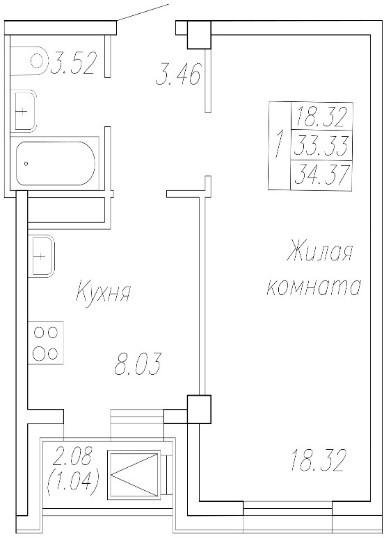 1 комн., 34.4 м²