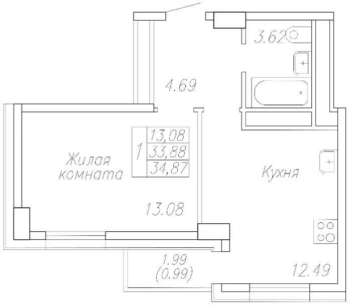1 комн., 34.9 м²