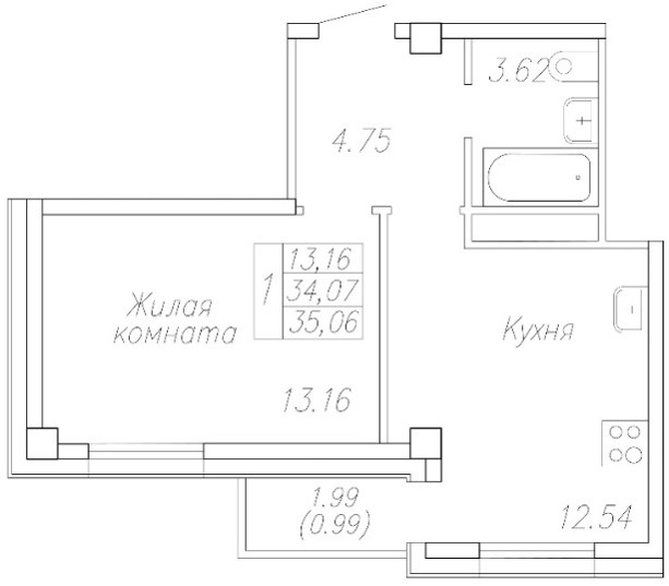 1 комн., 35.1 м²
