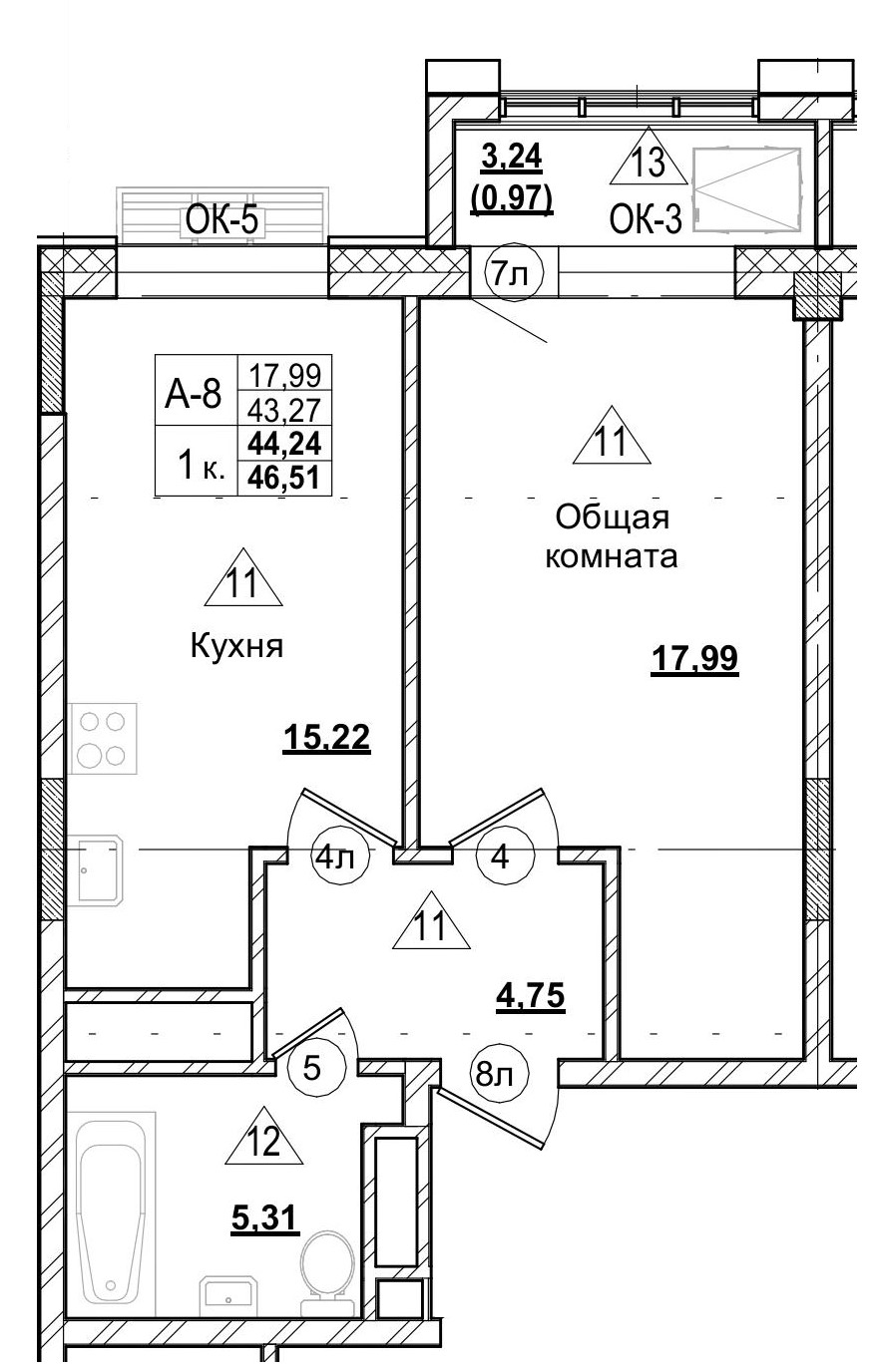1 комн., 44.41 м²