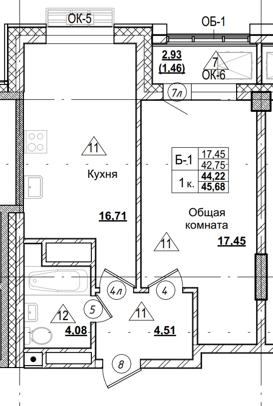 1 комн., 44.22 м²