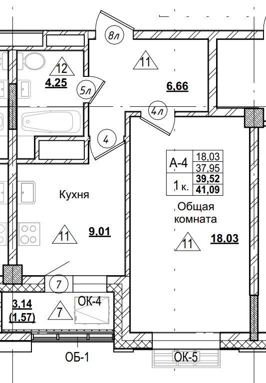 1 комн., 39.52 м²