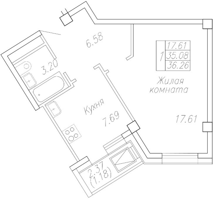 1 комн., 36.3 м²