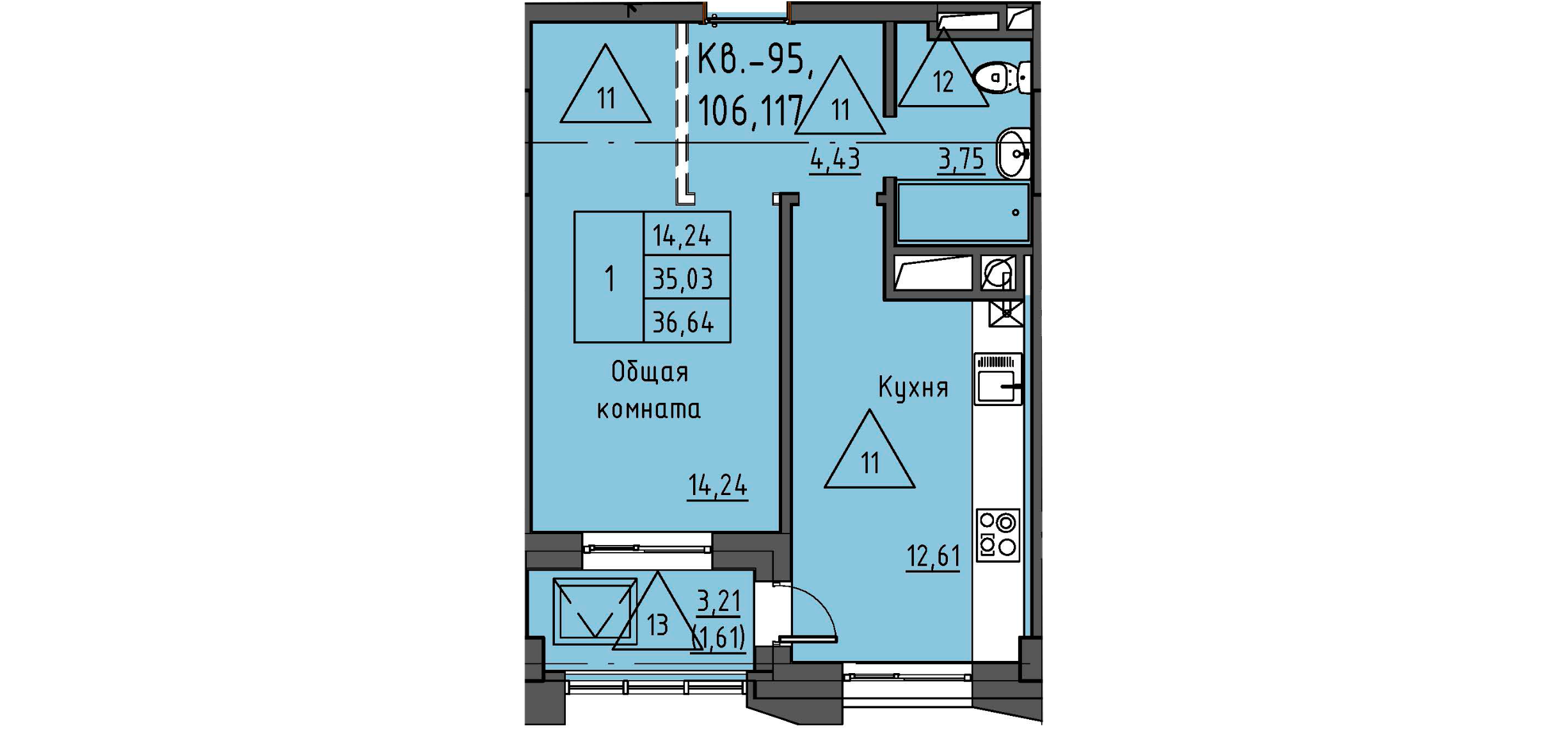 1 комн., 36.64 м²
