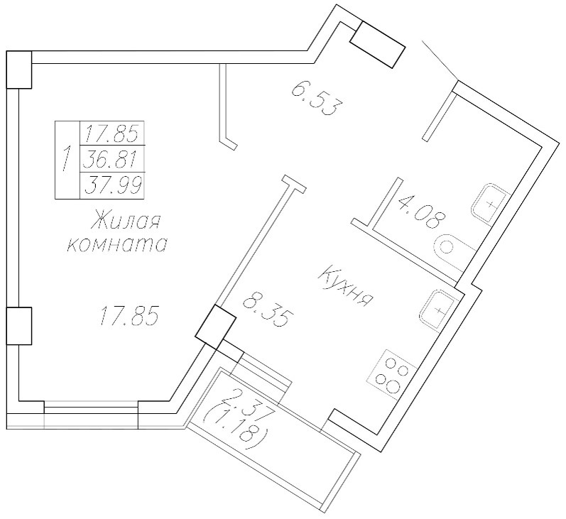 1 комн., 38.0 м²