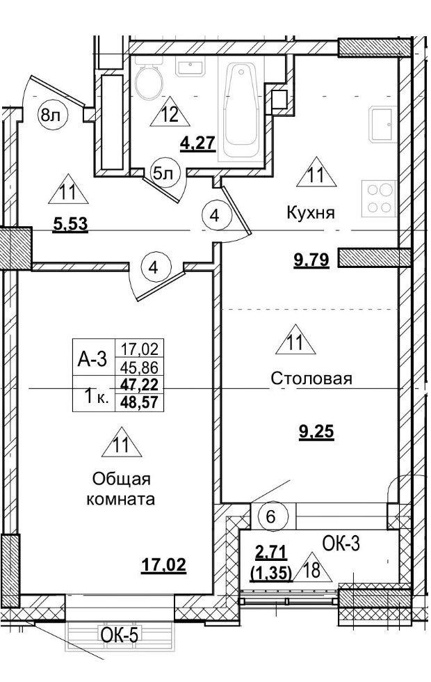 1 комн., 46.91 м²