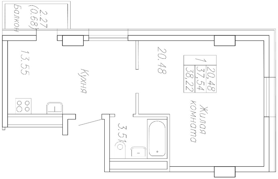 1 комн., 38.2 м²