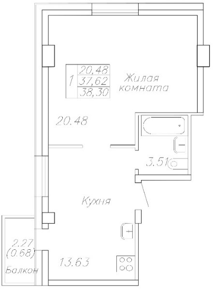1 комн., 38.3 м²