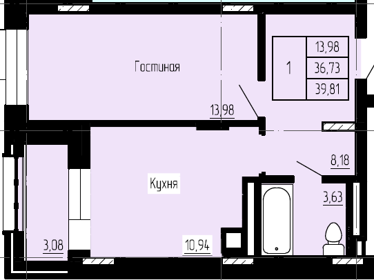 1 комн., 38.27 м²