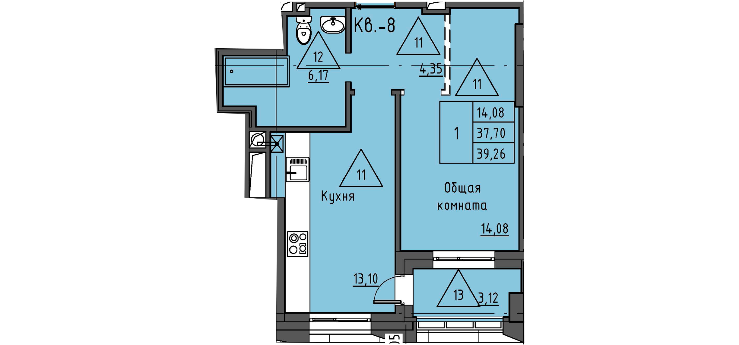 1 комн., 39.26 м²