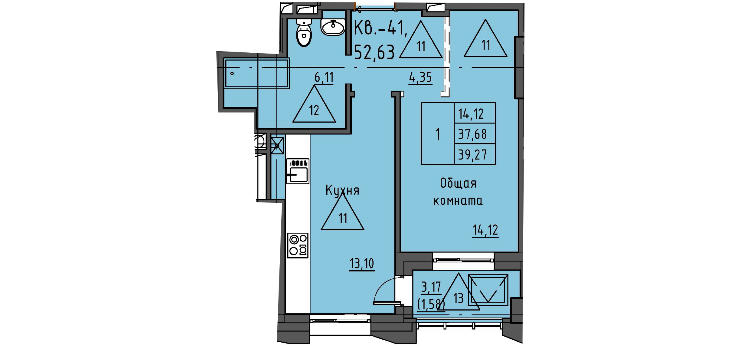 1 комн., 39.27 м²