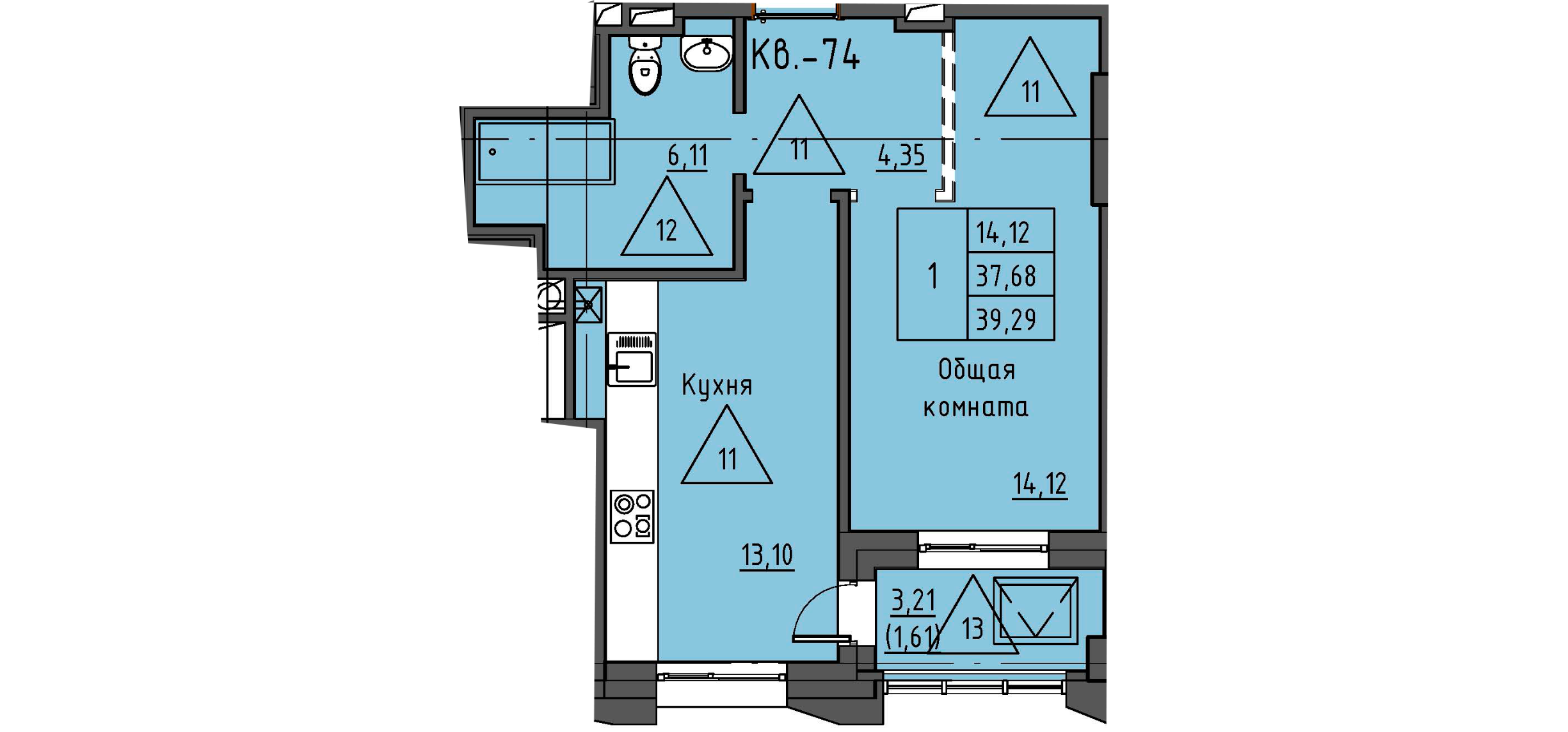1 комн., 39.29 м²