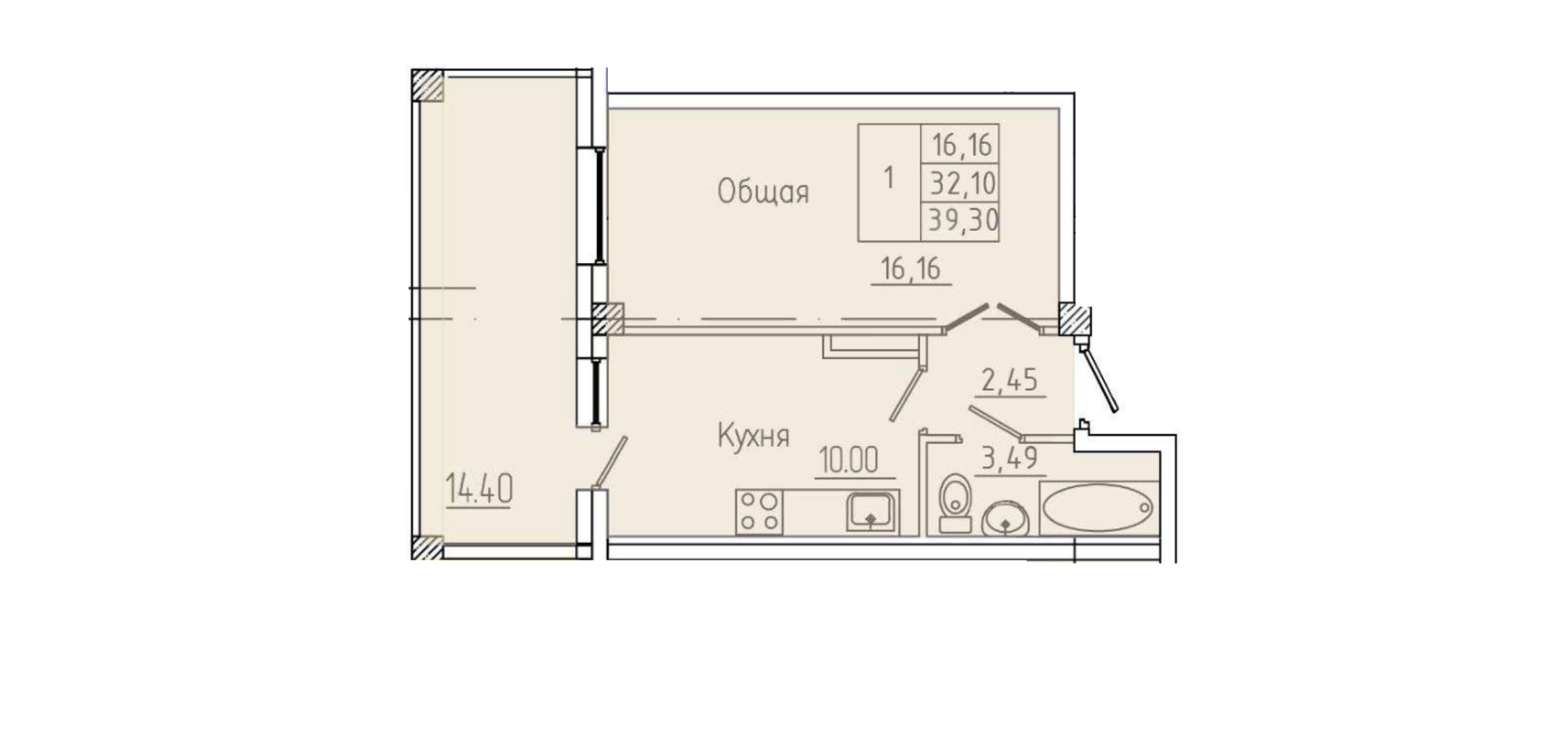1 комн., 39.30 м²