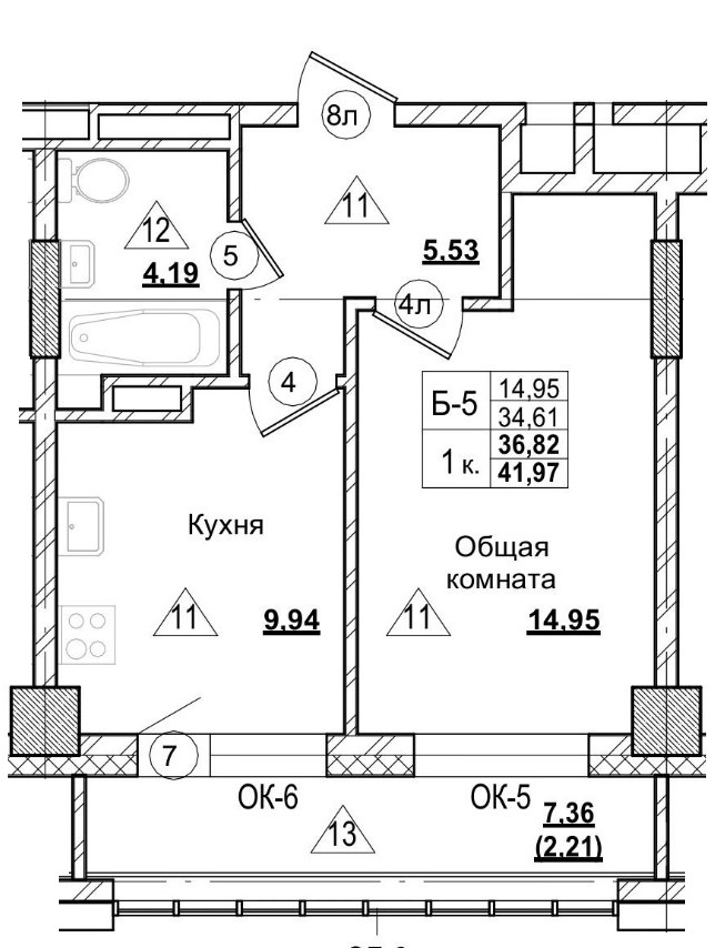 1 комн., 36.81 м²