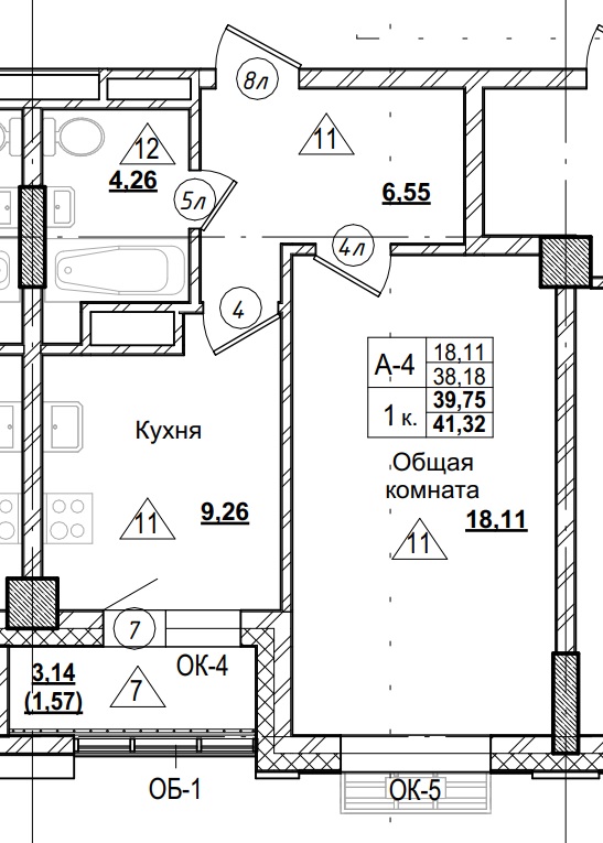 1 комн., 39.75 м²