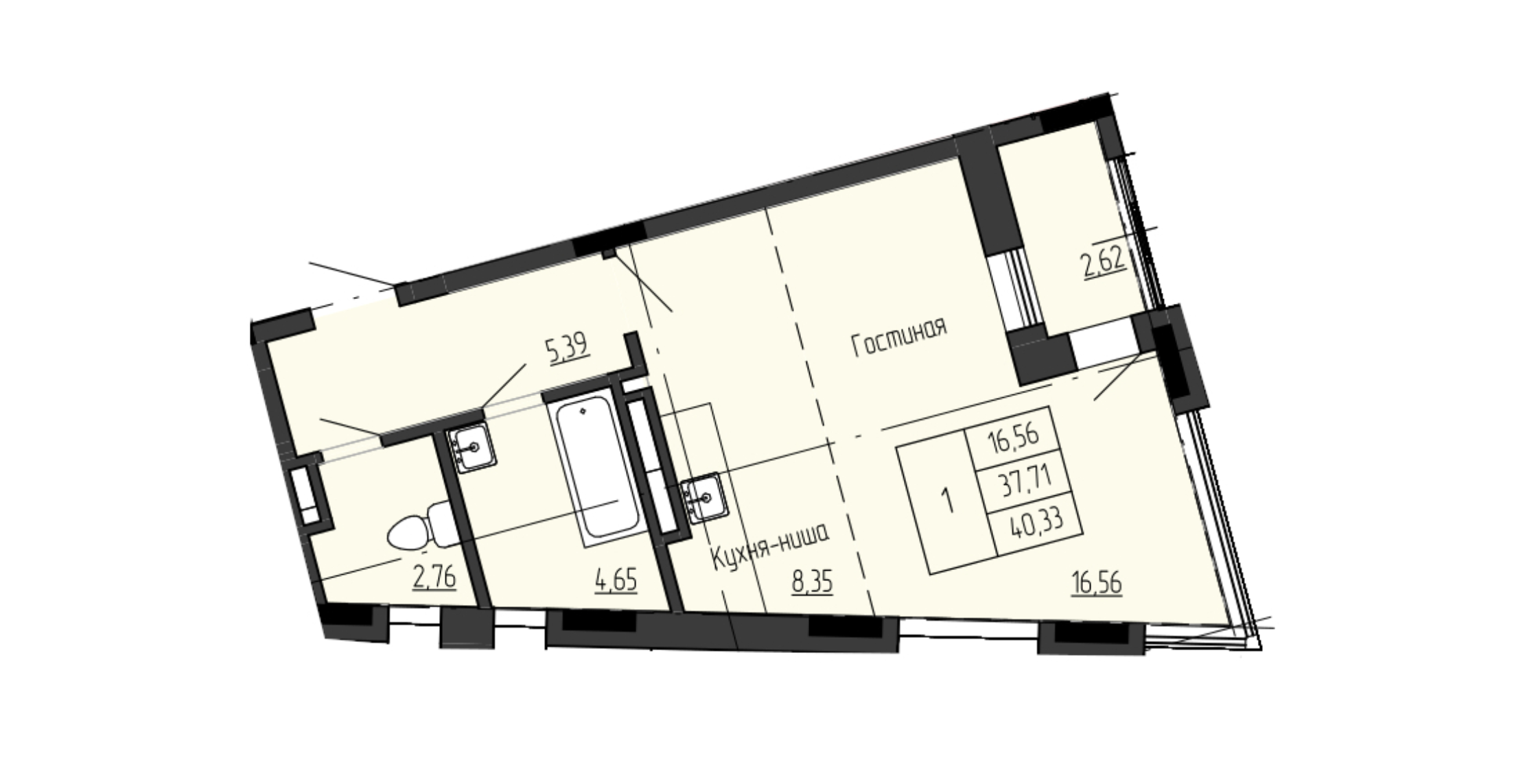 1 комн., 40.33 м²
