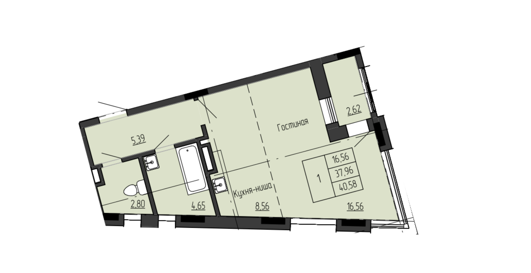 1 комн., 40.58 м²
