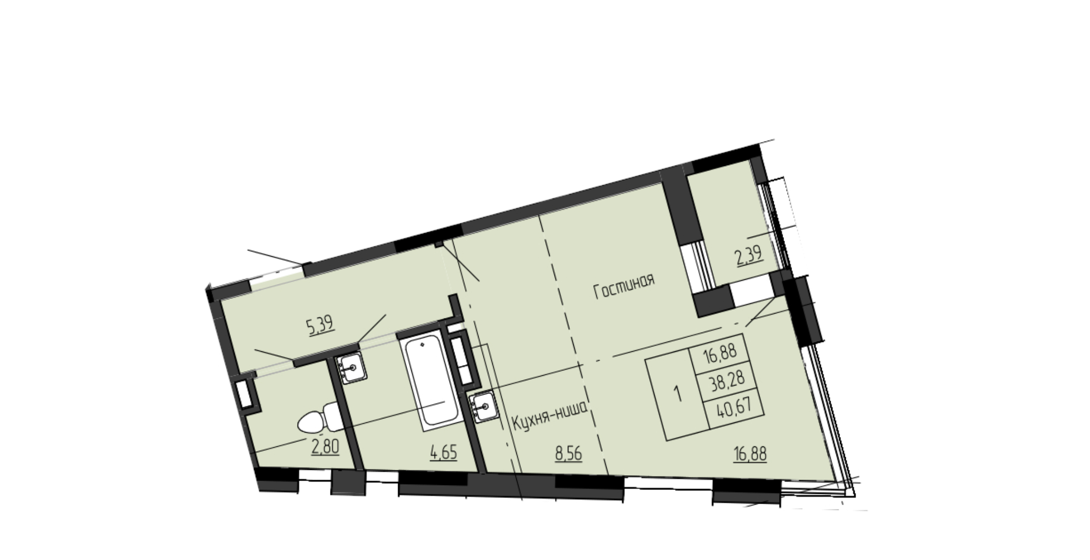 1 комн., 40.67 м²