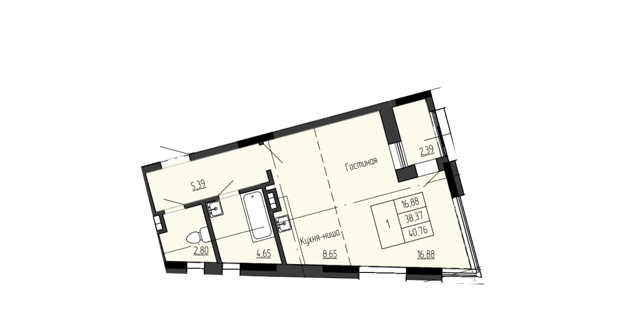 1 комн., 40.76 м²