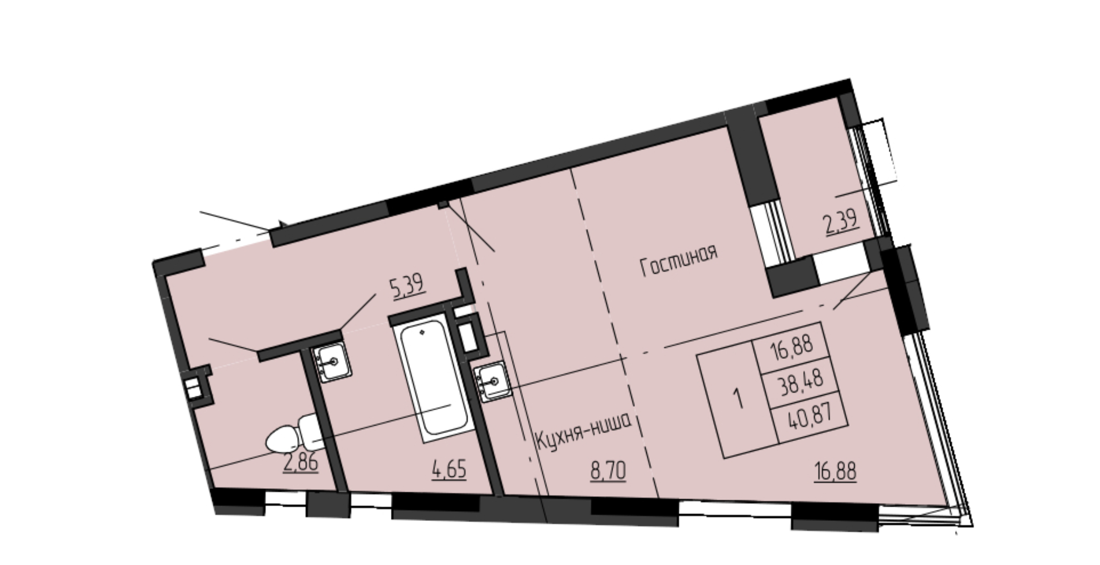 1 комн., 40.87 м²